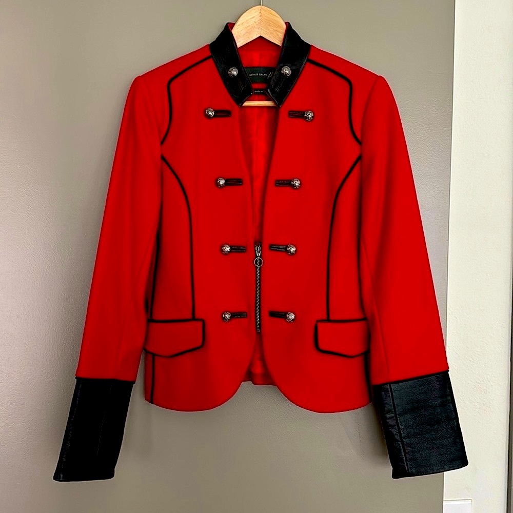 NWOT Arthur Galan Designer Red Jacket Black Leather Trim, size is 10 UK/ 6 US